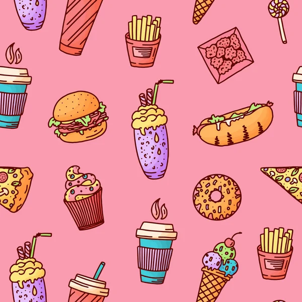 Seamless pattern. Vintage illustration with fast food doodle elements on background for concept design, menu. Vector illustration for any purposes.