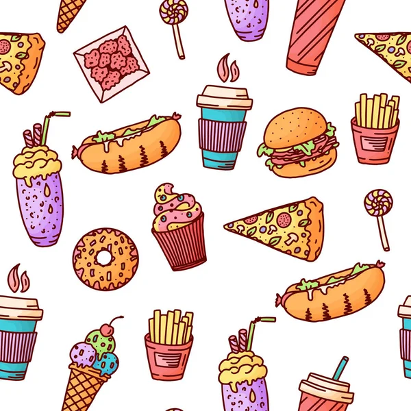 Padrão Sem Costura Ilustração Vintage Com Elementos Doodle Fast Food — Vetor de Stock