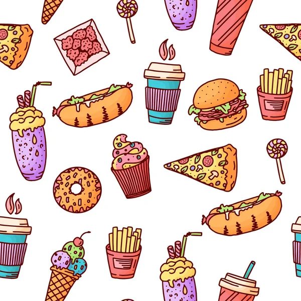 Seamless pattern. Vintage illustration with fast food doodle elements on background for concept design, menu. Vector illustration for any purposes.