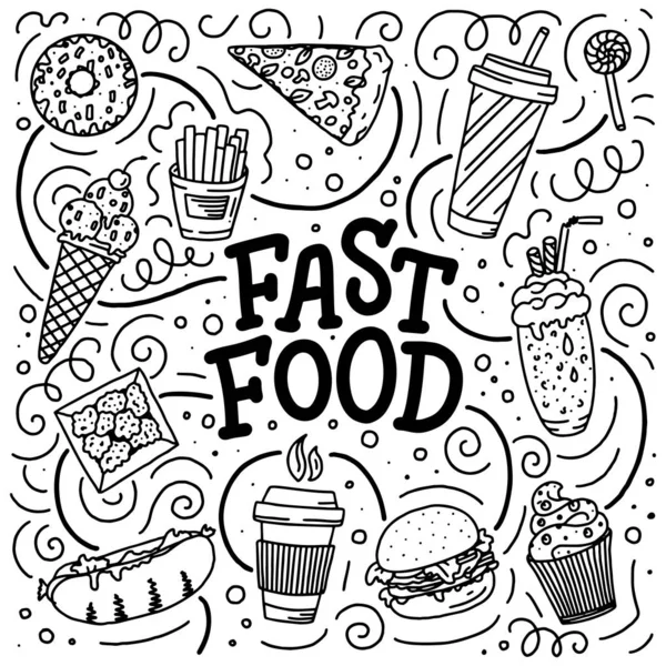 Fast food karalama elementleri ve konsept tasarım ve menü için beyaz arka planda harfleri olan klasik çizimler. Herhangi bir amaç için vektör illüstrasyonu.