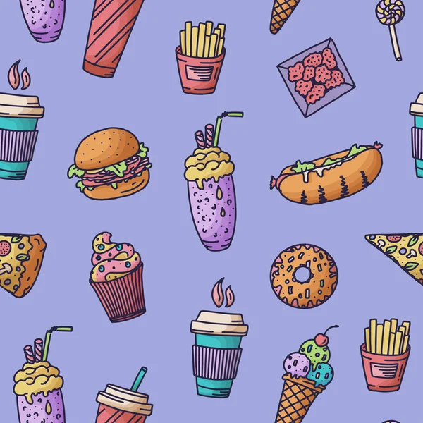 Seamless pattern. Vintage illustration with fast food doodle elements on background for concept design, menu. Vector illustration for any purposes.