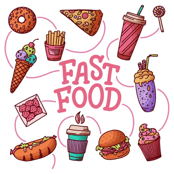 Ilustração Vintage Com Elementos Doodle Fast Food Letras Fundo Branco — Vetor de Stock