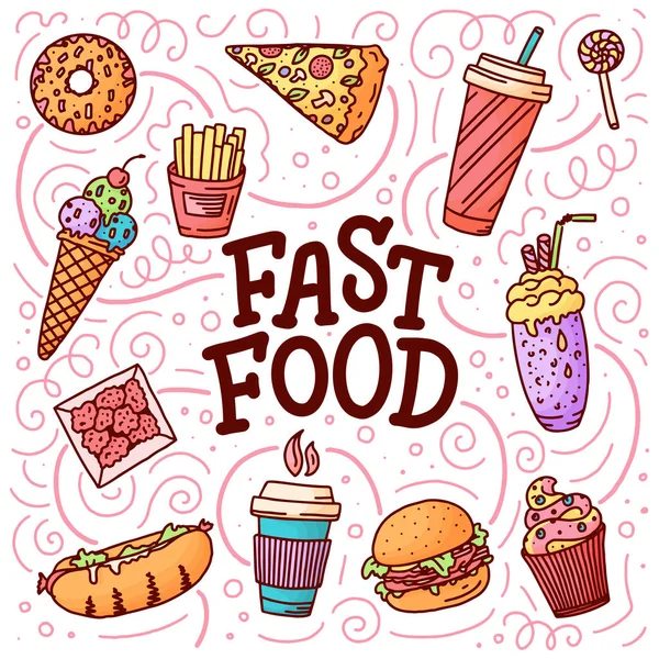 Vintage Illustration Mit Fast Food Doodle Elementen Und Schriftzug Auf — Stockvektor