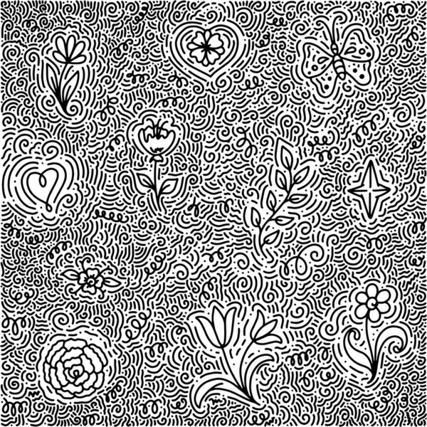 Handgezeichnetes Muster Mit Blättern Und Blüten Kritzeleien Floralen Schmuck Schwarz — Stockvektor