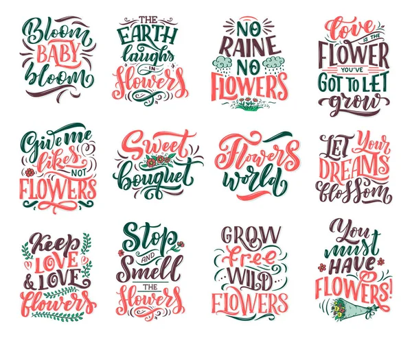 Çiçeklerle ilgili alıntılar, vektörlerle yapılan illüstrasyon. El çizimi kompozisyonlu kartpostal, davetiye, dükkan ve tişört tasarımı.