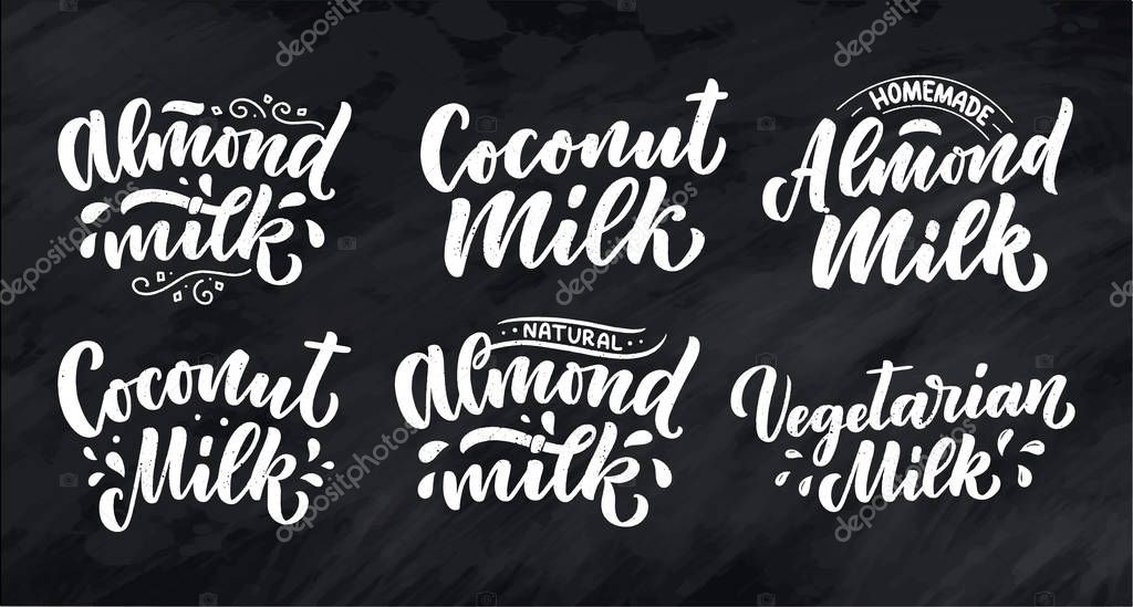 Vegetarian, Coconut, Almond milk lettering quotes for banner, logo and packaging design. Organic nutrition healthy food. Phrases about dairy product. Vector illustration