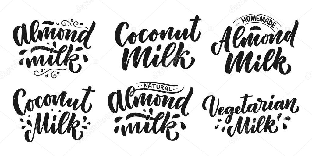 Vegetarian, Coconut, Almond milk lettering quotes for banner, logo and packaging design. Organic nutrition healthy food. Phrases about dairy product. Vector illustration