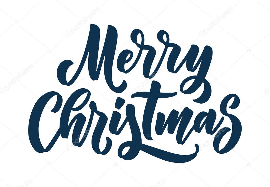 Merry christmas lettering in hand drawn style. Classic retro symbol. New year holiday greeting card. Vector illustration design.