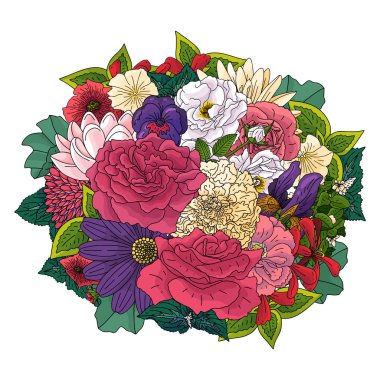 Karalama çizim tarzında farklı çiçekler. Düğün çiçeği tasarımı için el çizimi elementler, vektör illüstrasyonu. Bahar çiçekleri..