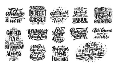 Posterler için harf kompozisyonları seti. Cihazlar ve teknolojiyle ilgili motivasyon alıntıları. El çizimi Monokrom vektör illüstrasyonu.