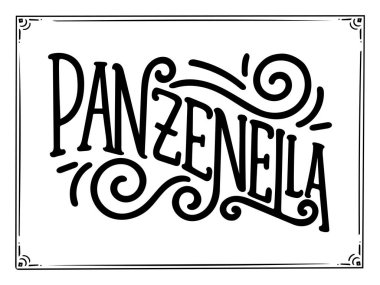 İtalyan yemek menüsü - yemek isimleri. Tasarımınız için harf cümlesi, stilize çizim, el yapımı kompozisyon. Vektör illüstrasyonu