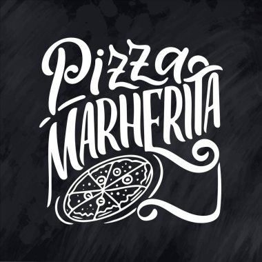 İtalyan yemeğinin adı. Menü tasarımın için harf cümlesi, kafe için stilize çizim, el yapımı kompozisyon. Vektör illüstrasyonu