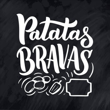 İspanyol menüsünün yemek adı, çeşitli elementler ve el yazması harflerle serbest taslak çizimi. El yapımı tasarım. Ayrıntılı illüstrasyon. Vektör