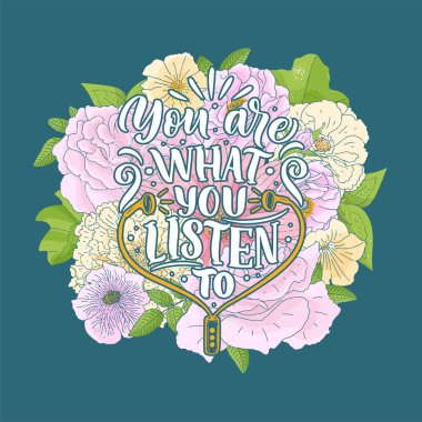 Müzik hakkında ilham verici bir alıntı. Harflerle çizilmiş el yapımı klasik bir illüstrasyon. Tişört ve çantalarda basılı ifade, kırtasiye veya poster olarak. Vektör