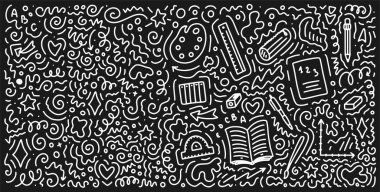 Okulun karalama geçmişine tekrar hoş geldiniz. Satış afişi şablonu. El yapımı elementler. Eğitim konsepti. Tipografi amblemi. Vektör illüstrasyonu