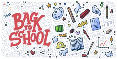 Okulun harf ve karalama geçmişine tekrar hoş geldiniz. Satış etiketi şablonu. El yapımı rozet. Eğitim konsepti tipografi amblemi. Vektör illüstrasyonu