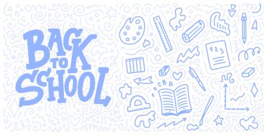 Okulun harf ve karalama geçmişine tekrar hoş geldiniz. Satış etiketi şablonu. El yapımı rozet. Eğitim konsepti tipografi amblemi. Vektör illüstrasyonu