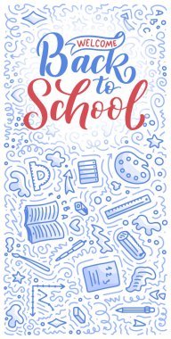 Okulun harf ve karalama geçmişine tekrar hoş geldiniz. Satış etiketi şablonu. El yapımı rozet. Eğitim konsepti tipografi amblemi. Vektör illüstrasyonu