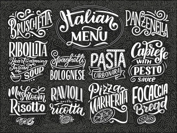 Menú Comida Italiana Los Nombres Los Platos Letras Dibujo Estilizado — Vector de stock