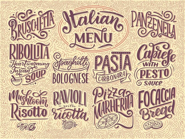 İtalyan yemek menüsü - yemek isimleri. Harfler, stilize çizimler. Vector vintage illüstrasyon. Restoran, kafe, vitrin, mağaza önü tasarımı için arka plan