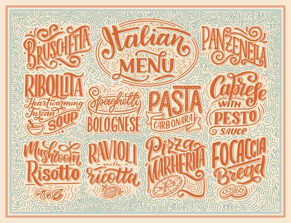 Menú Comida Italiana Los Nombres Los Platos Letras Dibujo Estilizado — Vector de stock