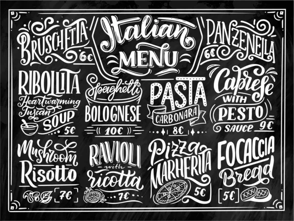 Menú Comida Italiana Los Nombres Los Platos Frases Letras Para — Vector de stock