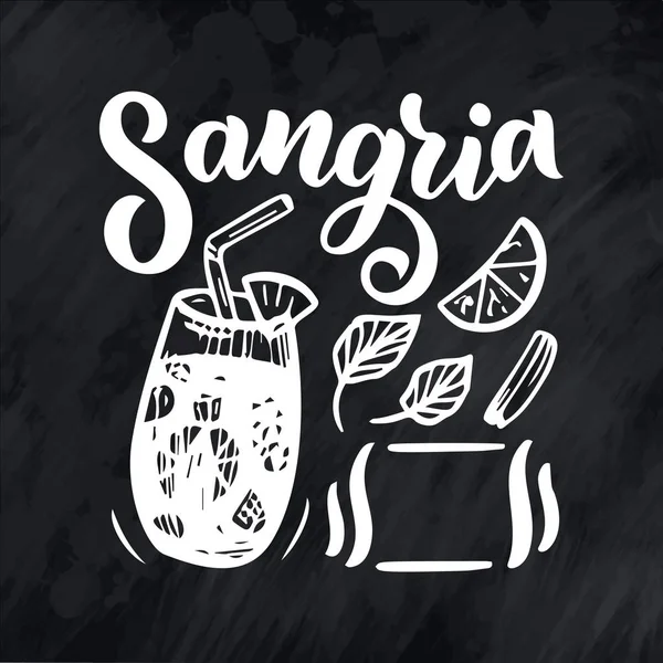 Freihandskizze Stil Von Sangria Cocktailglas Verschiedenen Früchten Und Handgeschriebenen Schriftzügen — Stockvektor