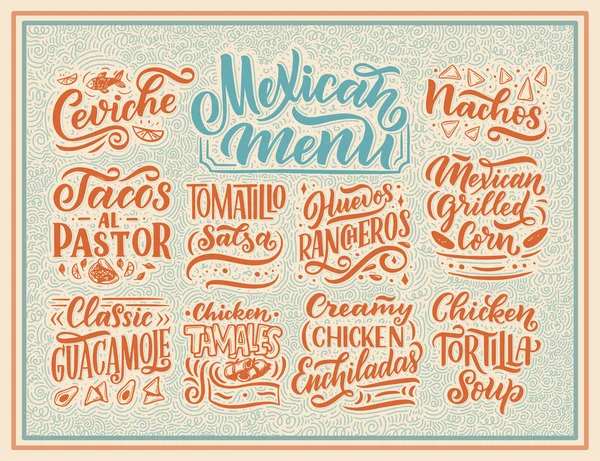 Menú Mexicano Con Letras Con Nombres Comida Tradicional Guacamole Enchilada — Vector de stock