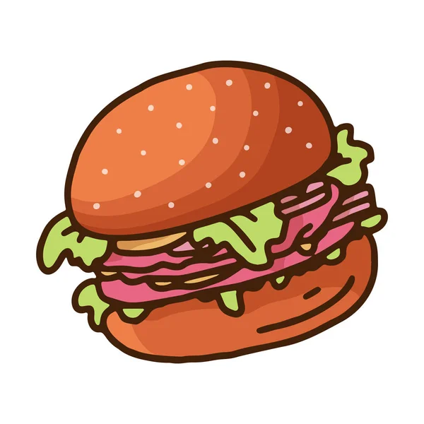 Ilustrație Schiță Vintage Burger Doodle Fundal Alb Desen Vectorial Gustoase — Vector de stoc