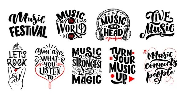 Set Inspirational Quotes Music Hand Drawn Vintage Illustration Lettering Phrases — Stock Vector