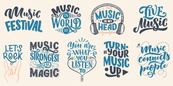 Set Inspirational Quotes Music Hand Drawn Vintage Illustration Lettering Phrases — Stock Vector