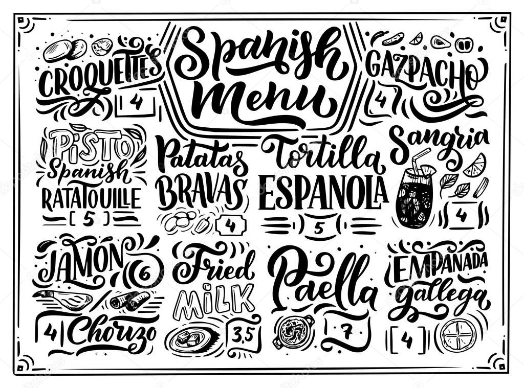 Freehand sketch style drawing of spanish menu with different food names, various elements and hand written lettering. Chalkboard design. Detailed illustration isolated on white background. Vector