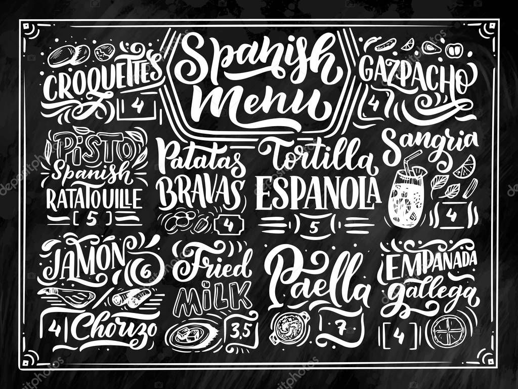 Freehand sketch style drawing of spanish menu with different food names, various elements and hand written lettering. Chalkboard design. Detailed illustration isolated on black background. Vector
