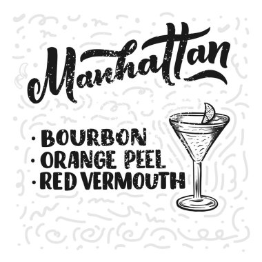 Bardaklı kokteylin adı. Kart afişi için şablon ve bar menüsü ve restoran için poster. Vektör illüstrasyonu