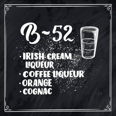 Bardaklı kokteylin adı. Kart afişi için şablon ve bar menüsü ve restoran için poster. Vektör illüstrasyonu