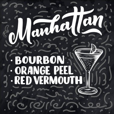 Bardaklı kokteylin adı. Kart afişi için şablon ve bar menüsü ve restoran için poster. Vektör illüstrasyonu