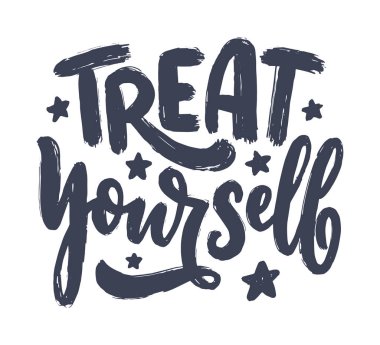 Harf yazarak kendine kıyak yap. Blog veya satış için vektör alıntısı. Güzel bir şeyler yapmanın zamanı geldi. Güzellik, vücut bakımı, kaliteli kozmetik ürünler, lezzetli yemekler, ego. Modern yazı metni. Tasarım baskısı