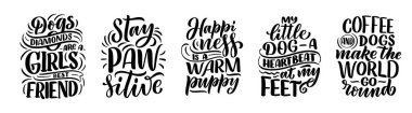 Komik ifadeli vektör illüstrasyonu. Köpekler hakkında elle çizilmiş ilham verici alıntılar. Poster, tişört, kart, davetiye, çıkartma, afiş.