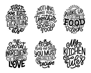 Elle çizilmiş eşsiz tipografi tarzıyla, tebrik kartları, dekorasyon, baskılar ve posterler için elementlerle ayarlayın. Yemek ve yemek hakkında el yazısıyla yazılmış mektuplar. Vektör illüstrasyonu