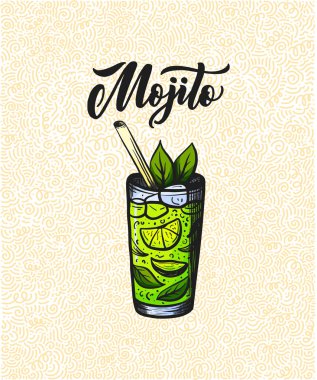 Bardaklı kokteylin adı. Kart afişi için şablon ve bar menüsü ve restoran için poster. Vektör illüstrasyonu