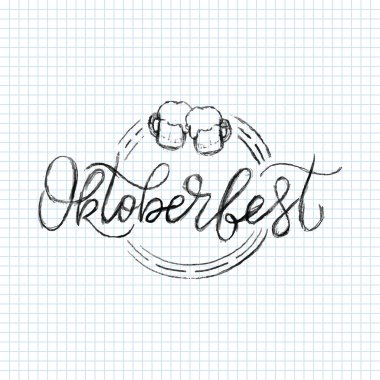 Oktoberfest logoti. Bira Festivali vektör harfleri. Bavyera Festivali 'nin dokulu arka plan tasarımı. Logo, poster, kart, kartpostal için elle çizilmiş tipografi