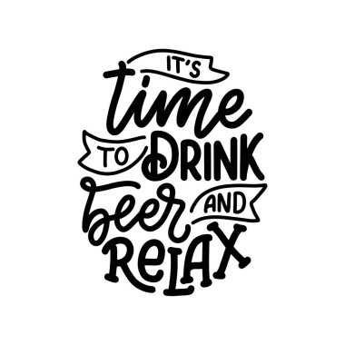 Bira hakkında klasik tarzda alıntı yapan bir poster. Kaligrafik pankart ve tişört izi. Bar veya bar menüsü tasarımı için el çizimi pankart. Vektör illüstrasyonu