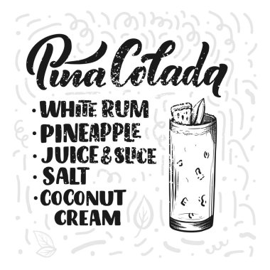 Bardaklı kokteylin adı. Kart afişi için şablon ve bar menüsü ve restoran için poster. Vektör illüstrasyonu