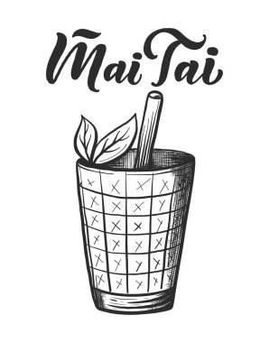 Bardaklı kokteylin adı. Kart afişi için şablon ve bar menüsü ve restoran için poster. Vektör illüstrasyonu