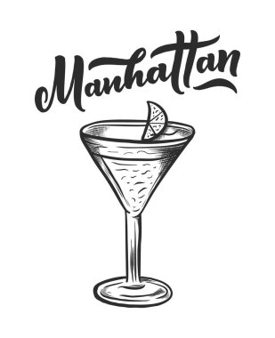 Bardaklı kokteylin adı. Kart afişi için şablon ve bar menüsü ve restoran için poster. Vektör illüstrasyonu