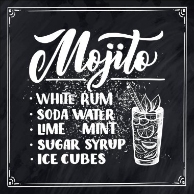 Bardaklı kokteylin adı. Kart afişi için şablon ve bar menüsü ve restoran için poster. Vektör illüstrasyonu