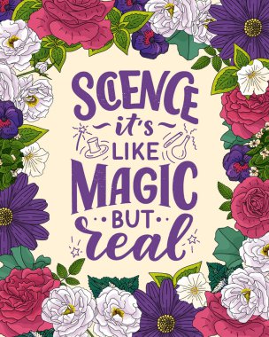 Bilim hakkındaki konsept tasarımı için eğlenceli sloganı olan eskiz afişi. El çizimi çizimi. Modern el yazısı alıntısı. Typography tee baskı tasarımı. Çocuk modası için şirin harfler..