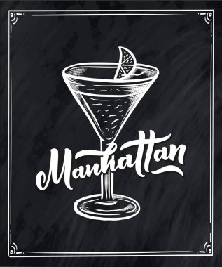 Bardaklı kokteylin adı. Kart afişi için şablon ve bar menüsü ve restoran için poster. Vektör illüstrasyonu