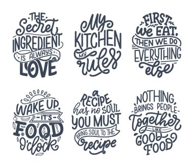 Elle çizilmiş eşsiz tipografi tarzıyla, tebrik kartları, dekorasyon, baskılar ve posterler için elementlerle ayarlayın. Yemek ve yemek hakkında el yazısıyla yazılmış mektuplar. Vektör illüstrasyonu