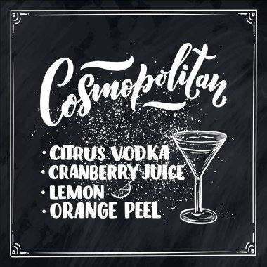 Bardaklı kokteylin adı. Kart afişi için şablon ve bar menüsü ve restoran için poster. Vektör illüstrasyonu